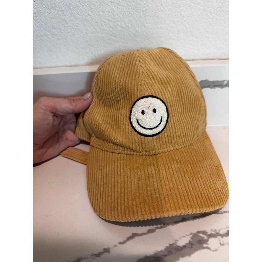 David & Young Corduroy Smiley Face Hat Tan Adjustable Baseball Cap Retro Y2K